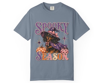 Spooky Season Witch Dachshund T-shirt | Halloween Pumpkin Graphic