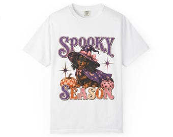 Spooky Season Witch Dachshund T-shirt | Halloween Pumpkin Graphic
