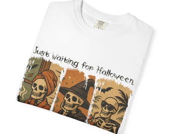 Camiseta del trío de esqueletos esperando Halloween / Camiseta de calavera y calabaza de Halloween