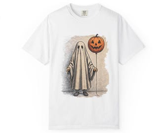 Camiseta vintage de Halloween con fantasma sosteniendo un globo de calabaza.