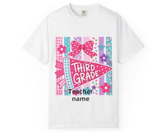 Third Grade Pennant T-shirt | Teacher Name Customizable, Pink Floral Stripes