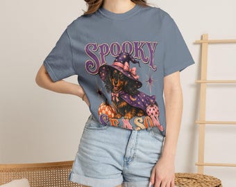 -shirt teckel de sorcière de la saison effrayante | Graphique de citrouille d'Halloween