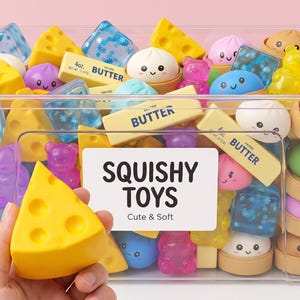 May include: A clear plastic storage bin filled with various colorful squishy toys, including yellow cheese wedges, butter sticks labeled 4oz, and small round buns with faces. A white label on the front reads SQUISHY TOYS Cute & Soft.