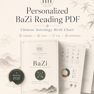 May include: A digital PDF document titled Personalized BaZi Reading PDF, featuring a Chinese astrology birth chart. The cover displays the text Ming Destiny Atelier, BaZi Four Pillars Reading, and a circular icon with Chinese characters for year, month, day, and hour.