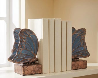 Buchstützen-Set mit blauen Schmetterlingen, Vintage-Regaldekoration aus Kunstharz, Bibliotheksaccessoire in Antikbronze für das Homeoffice