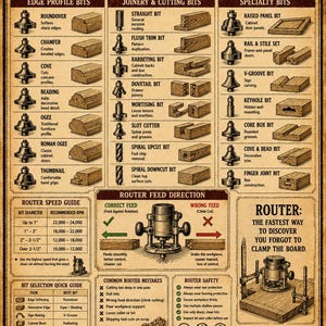 May include: A vintage-style educational poster titled JX OF ALL TRADES ROUTER BIT GUIDE, featuring detailed illustrations of various router bits, wood profiles, speed charts, feed direction diagrams, safety tips, and technical woodworking instructions.