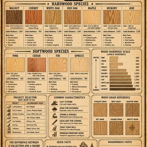 May include: A beige informational poster titled JX of All Trades Wood Species Guide. It features sections on hardwood and softwood species, Janka hardness scales, wood grain references, and project selection charts with text and illustrations.