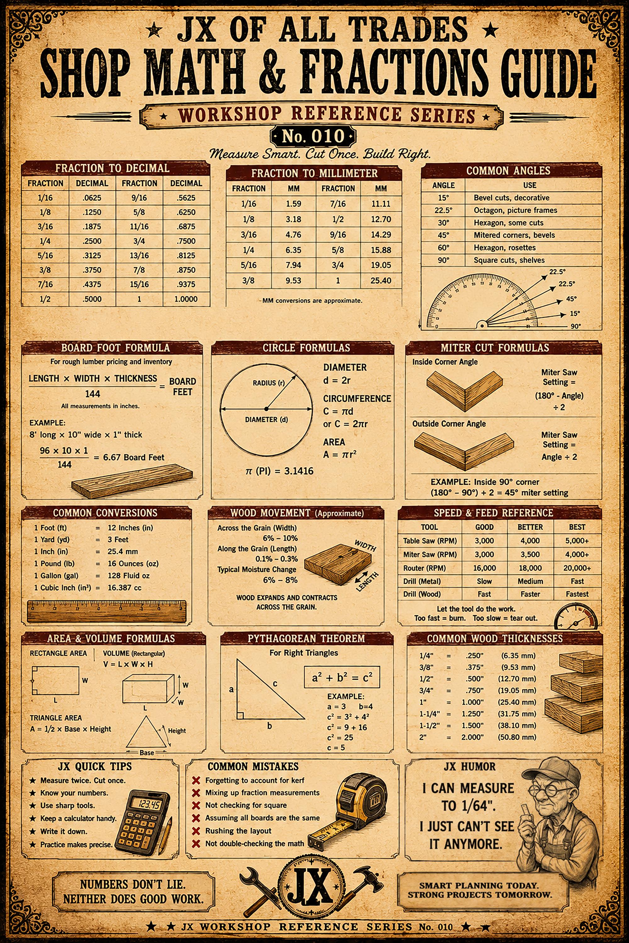 Woodworking Math Workshop Math Fractions Guide Poster | Woodworking Reference Chart ...