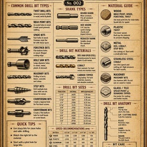 May include: A vintage-style informational poster titled JX OF ALL TRADES DRILL BIT GUIDE No. 002. It features detailed illustrations of drill bit types, shank styles, material guides, anatomy, size conversion charts, and speed recommendations in RPM.