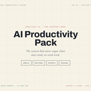 Könnte beinhalten: Ein digitales Produktivitätssystem-Dokument mit dem Titel AI Productivity Pack, dem Text Practical AI - For Everyday Work, The system that turns vague chats into ready-to-send work sowie Feldern für Emails, Meetings, Reports und Reviews.