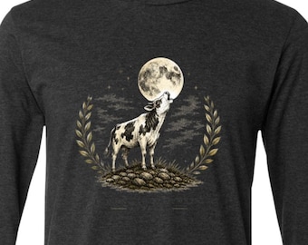 Cow Howling at Moon | Animal Lover | Wolf Design | Plant Based | Vegan | Compassion Everywhere Long Sleeve | Bella + Canvas Men's LS T-Shirt
