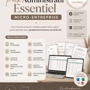 Peut inclure: Un pack administratif essentiel pour micro-entreprise comprenant des modèles de devis, factures, contrats et tableaux de suivi client. Le visuel présente une liste de documents, un ordinateur portable et des feuilles imprimées.