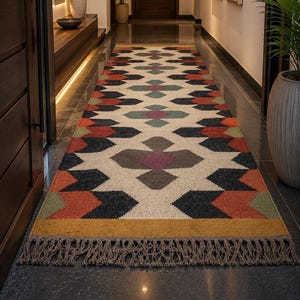Handmade Multi Colour Enterway - Hallway Decor Wool Jute Kilim Runner - Stair Decor Runner Rug