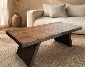 Rustic Cedar Coffee Table, Live Edge Solid Wood Low Table, Wabi Sabi Japandi Living Room Furniture, Handmade Center Table