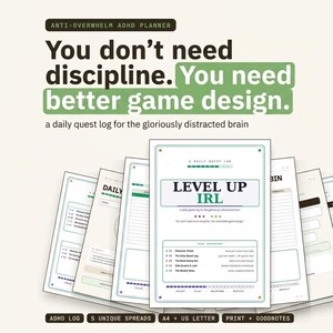 Agenda stampabile per ADHD con sistema di gamificazione/missioni giornaliere, tracker XP, obiettivi per la battaglia contro il boss, raccoglitore di produttività per neurodivergenti