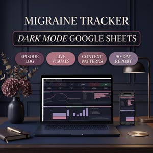 May include: A digital migraine tracker template for Google Sheets in dark mode. The screen displays a command center dashboard with charts and data. Text includes MIGRAINE TRACKER, DARK MODE GOOGLE SHEETS, EPISODE LOG, LIVE VISUALS, CONTEXT PATTERNS, and 90-DAY REPORT.