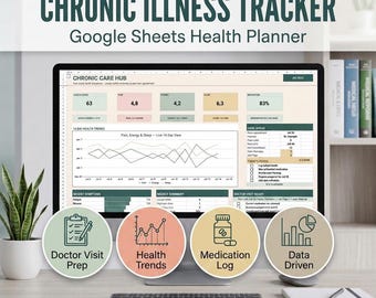 May include: A digital chronic illness tracker displayed on a computer monitor, featuring a Google Sheets health planner interface with data charts, symptom logs, and medication tracking. Four circular icons highlight doctor visit prep, health trends, medication logs, and data-driven insights.