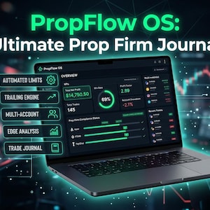 May include: A laptop displaying the PropFlow OS Ultimate Prop Firm Journal interface with a dark dashboard featuring green data visualizations, profit metrics, and a list of features including Automated Limits, Trailing Engine, and Trade Journal.