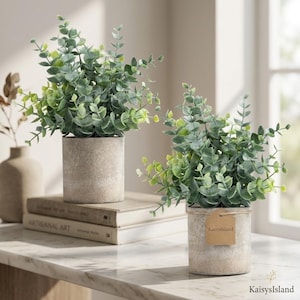 May include: Two artificial eucalyptus plants with sage green leaves, each potted in a cylindrical, textured beige stone-like container. The front plant features a small, rectangular brown paper tag tied with twine, clearly printed with the text KaisysIsland.