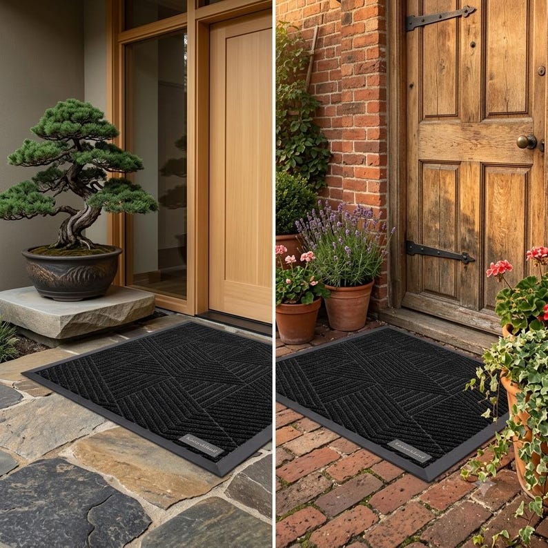 May include: A rectangular black doormat featuring a geometric pattern of raised diagonal lines and a small rectangular label in the corner. The mat is shown placed on stone and brick surfaces in front of wooden doors with potted plants nearby.