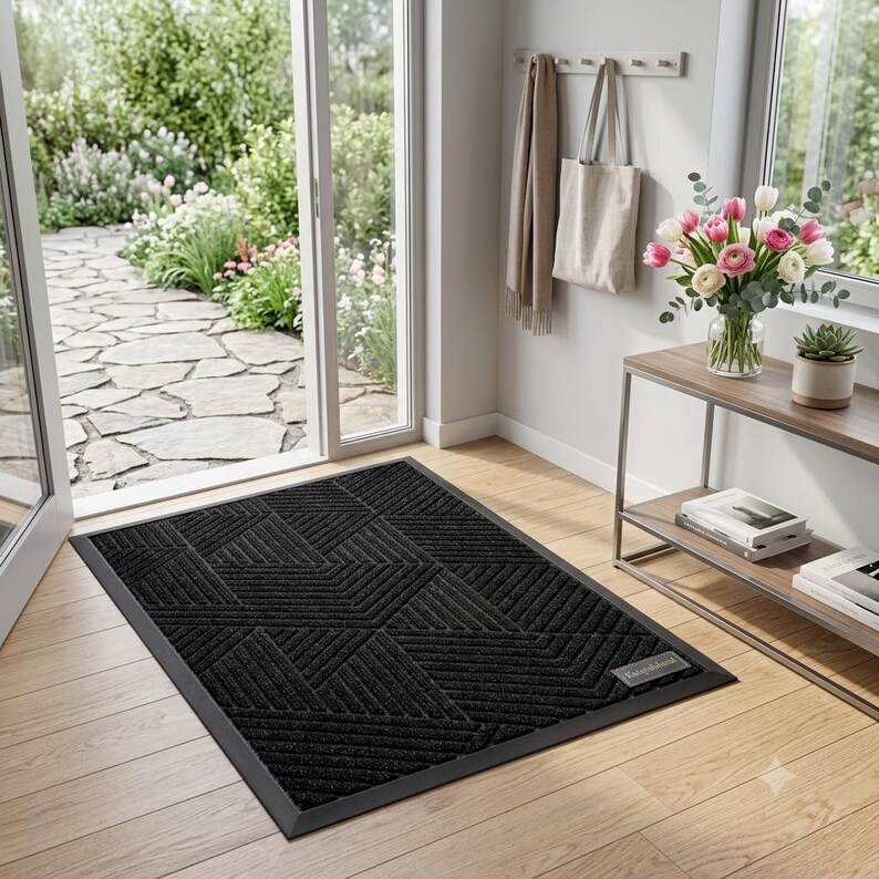 May include: A rectangular black doormat with a textured geometric pattern of raised diagonal lines. The mat features a solid black border and a small rectangular brand tag in the bottom right corner, placed on a light-colored wooden floor.