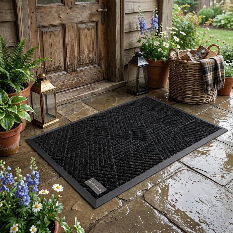 May include: A rectangular black doormat featuring a textured geometric pattern of raised lines and triangles. The mat has a solid black border and a small rectangular label in the bottom left corner with the text Kangabound printed in white.