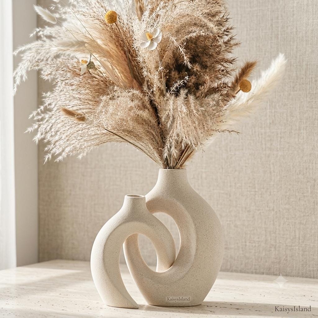 Ceramic Vase Set of 2, Modern Boho Nordic Flower Vases, Milky White Decorative Tabletop Centerpiece for Pampas Grass, Living Room Decor