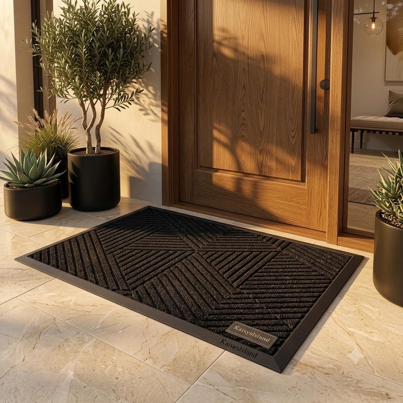 May include: A rectangular black doormat with a textured geometric pattern of diagonal lines. The mat features a small rectangular label in the bottom right corner with the text KaisyaIsland embossed on it. The mat is placed on a tiled floor.