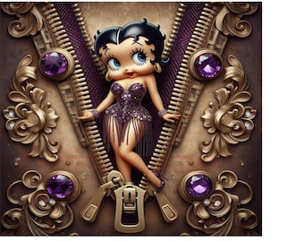 May include: A cartoon character with black hair and a purple sequined dress stands in front of a gold and purple zipper. The zipper is decorated with ornate gold details and purple gemstones.