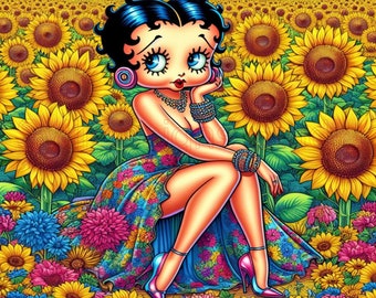Miss Betty zit tussen de zonnebloemen, png-sublimatieafbeelding 300 dpi