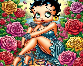 Betty zit in rozen kleurrijke png-sublimatieafbeelding 300 dpi, afdrukbare vinylafbeelding of glijbaan volledig