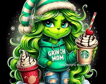 moeder groen zit met warme chocolademelk, digitale bestandsdownload 300 dpi