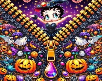 Miss Betty Halloween, gekleed in het zwart. png-bestand alleen voor afdrukken, sublimatie, waterglijbaan of bedrukbaar vinyl. 300 dpi