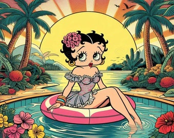 Betty on the sunset beach digitale png-afbeelding voor sublimatie of volledige waterglijbaan, afdrukbaar vinyl