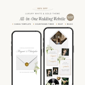May include: Two smartphones displaying a luxury white and gold wedding website template. The screens show digital invitations, photos, a countdown timer, RSVP, and music features with text including 60% OFF, Luxury White & Gold Theme, and All-in-One Wedding Website.