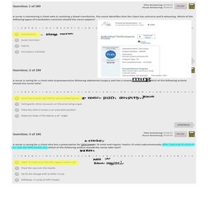 Puede incluir: Una interfaz de examen de enfermería digital que muestra tres preguntas de opción múltiple con anotaciones manuscritas. Una ventana emergente de ATI muestra un perfil de rendimiento individual con una puntuación del 77,4%.