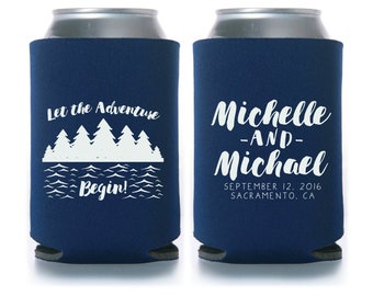 Let The Adventure Begin, Wedding Can Cooler, Custom Wedding Favors, Beverage Insulators, Beer Huggers, Personalized Wedding Favors - T771