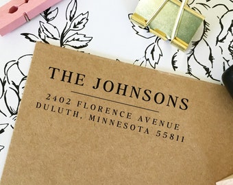 Modern Return Address Stamp, Wood Handle, Family Name, Self-Inking