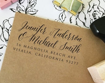 Calligraphy Return Address Stamp: Two Names, Wedding Invitations