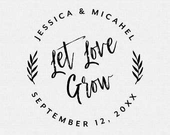 Let Love Grow Wedding Favor Stamp, Self Inking Stamp, Wood Stamp, Circle Wedding Stamp, Brush Calligraphy, For Wedding Seed Favors  (T405)