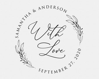 Personalized With Love Wedding Favor Stamp, Stamp for Wedding Favor Gift Tags, Round, Circle, Self Inking, Floral, Vines, Elegant (T915)