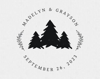 Monogram Wedding Stamp for Wedding Favors, Self Inking Rubber Stamp for Wedding Invitations or Save the Dates, with Forest Trees (T528)