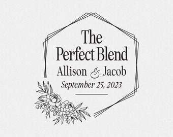 The Perfect Blend Personalized Stamp, Coffee Bag Wedding Favor Rubber Stamp, Hexagon with Peonies and Eucalyptus Flowers (T473)
