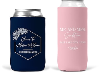 Hexagon Wedding Arch Personalized Can Coolers for Wedding Favors, Cheers To, Slim Can Sleeves, Beer, Navy & Blush - T330