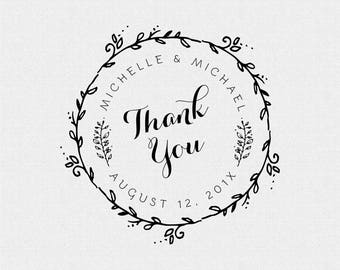 Custom Thank You Stamp, Wedding Favor, Self Inking Stamp, Wood Handle, Circle Stamp, Personalized, Floral, Whimsical (T160)