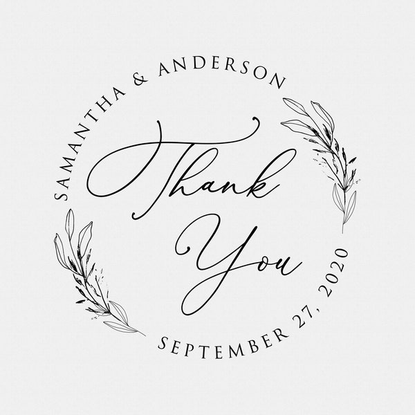 Custom Thank You Stamp, Wedding Favor, Self Inking Stamp, Wood Handle, Circle Stamp, Personalized, Floral, Whimsical (T913)