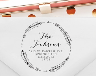 Feather Wreath Return Address Stamp: Custom Wood or Self-Inking