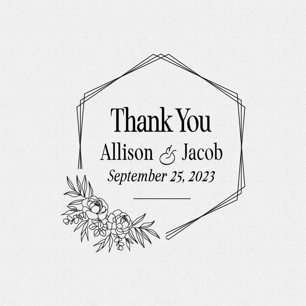 Custom Thank You Stamp, Wedding Favor, Self Inking Stamp, Hexagon Shape with Peonies, Personalized, Floral, Whimsical (T573)