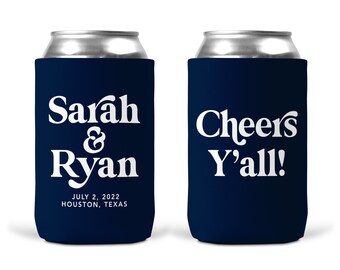 Wedding Can Coolers, Cheers Y'all, Personalized Can Coolers, Wedding Favors, Beer Sleeves, Can Sleeves, Navy, Cheers Yall, Beer - T921