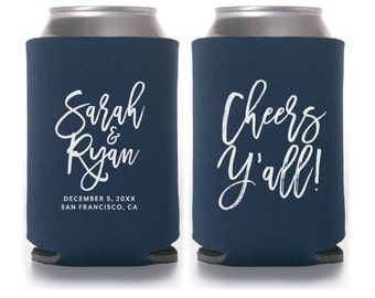 Wedding Can Coolers, Cheers Y'all, Personalized Can Coolers, Wedding Favors, Beer Sleeves, Can Sleeves, Navy, Cheers Yall, Beer - T409